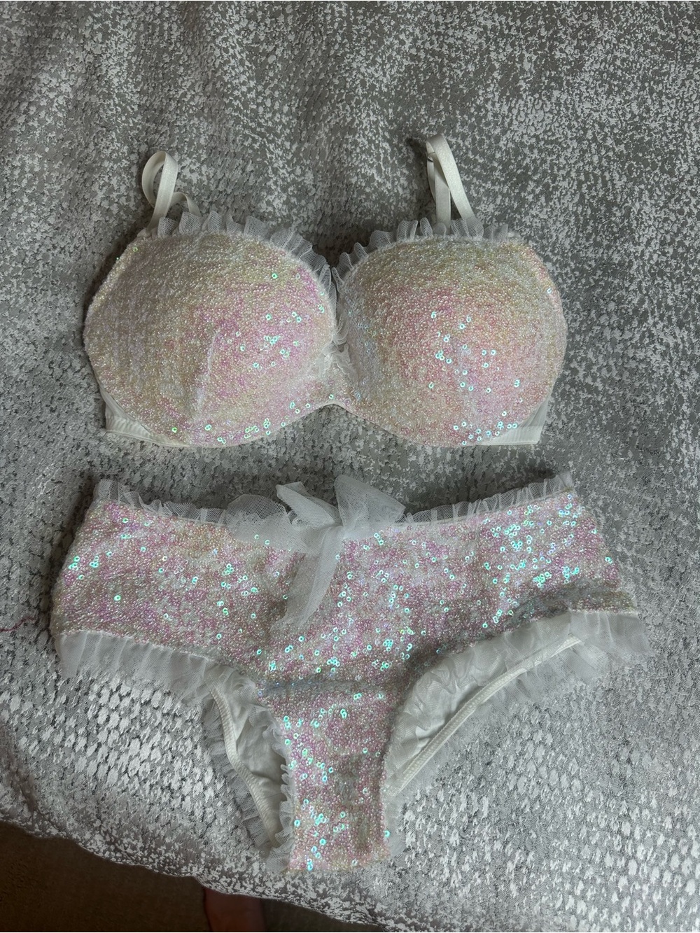 Victoria's Secret Iridescent Sequin White and Pink Bra & Brief Set